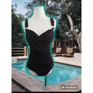 Merona Ladies Medium Black Sexy One Piece Swimsuit Ruched Tummy Hiding Gold